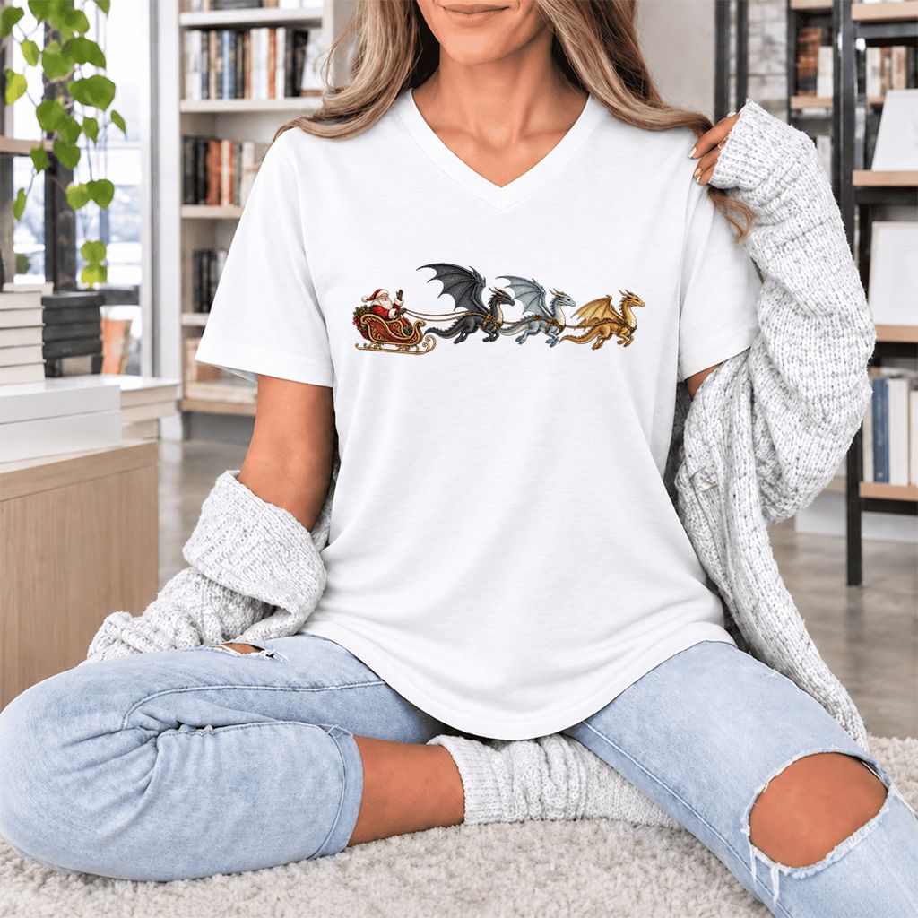 Santa Claus on Dragon Sleigh Ultra-Soft V-Neck | Christmas Reader Gift White