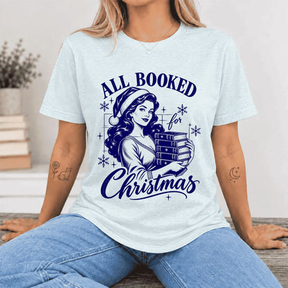 All Booked For Christmas Ultra-Soft Cotton T-Shirt | Christmas Reader Gift Heather Ice Blue