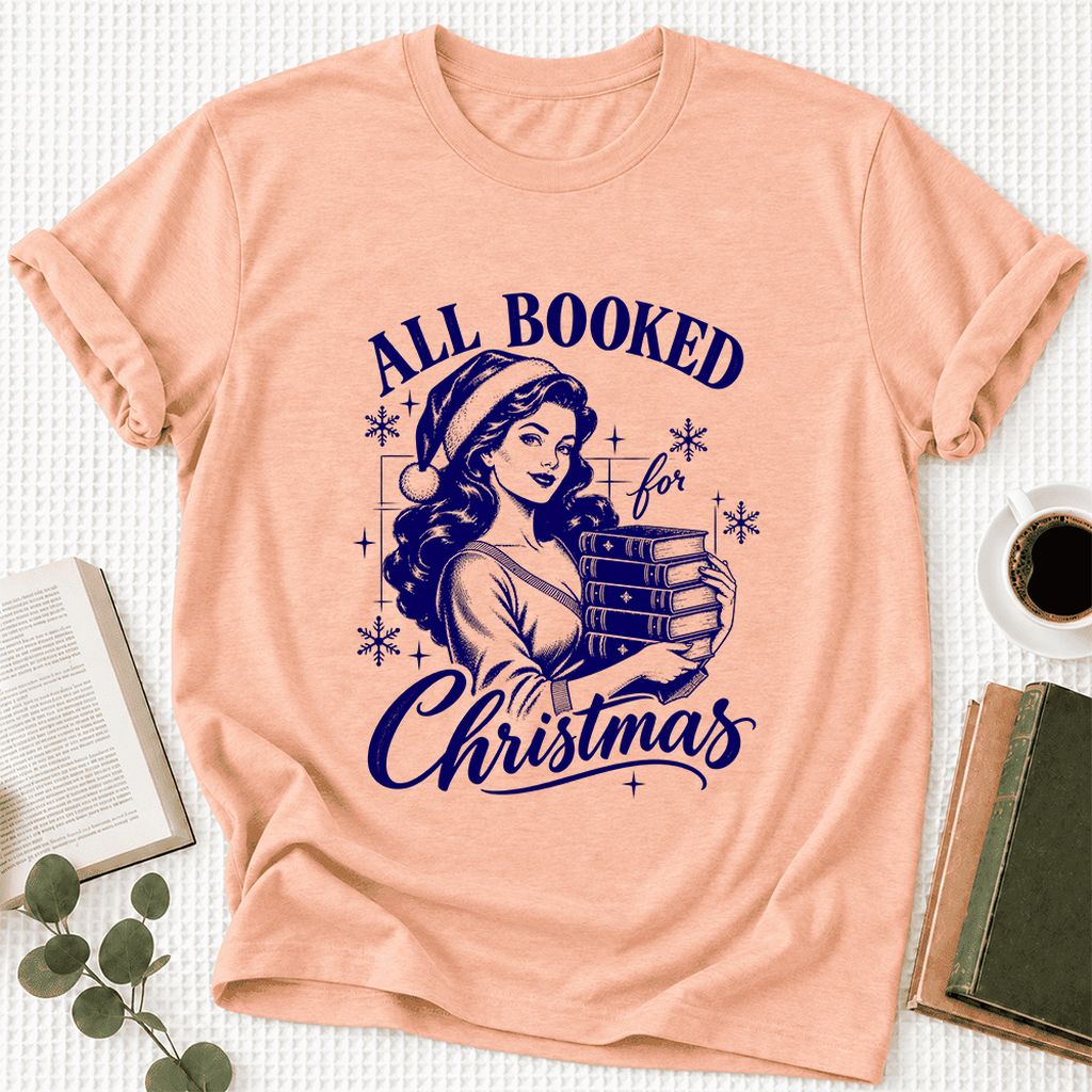 All Booked For Christmas Ultra-Soft Cotton T-Shirt | Christmas Reader Gift Heather Peach