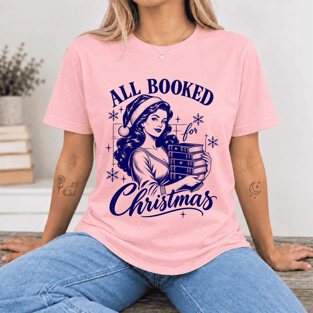 All Booked For Christmas Ultra-Soft Cotton T-Shirt | Christmas Reader Gift Pink