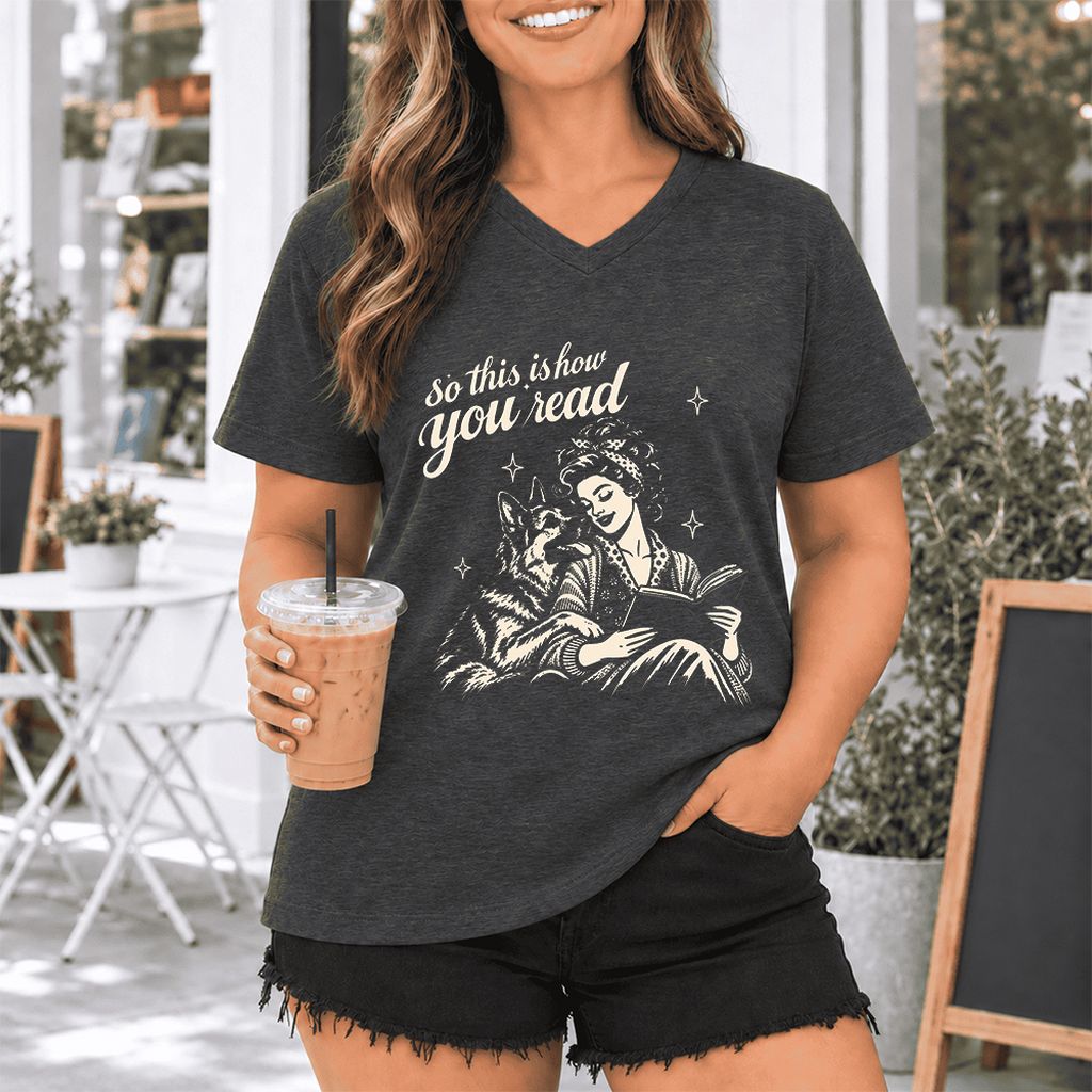 How You Read German Shepherd Ultra-Soft V-Neck | Dog Lover Reader Gift Dark Grey Heather