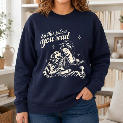 How You Read Golden Retriever Printed Sweatshirt | Dog Lover Reader Gift Navy