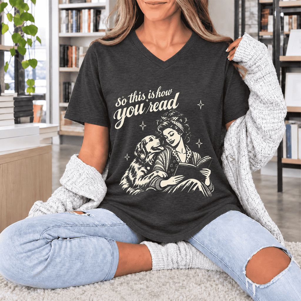 How You Read Golden Retriever Ultra-Soft V-Neck | Dog Lover Reader Gift Dark Grey Heather