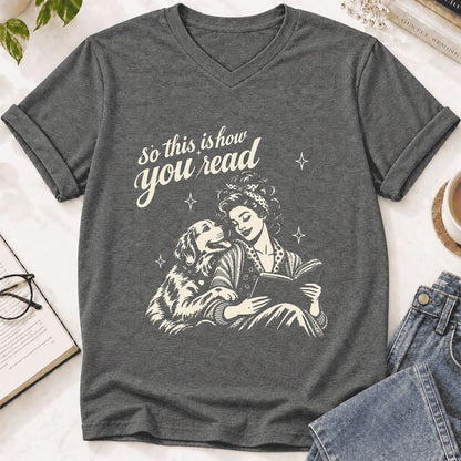 How You Read Golden Retriever Ultra-Soft V-Neck | Dog Lover Reader Gift Deep Heather