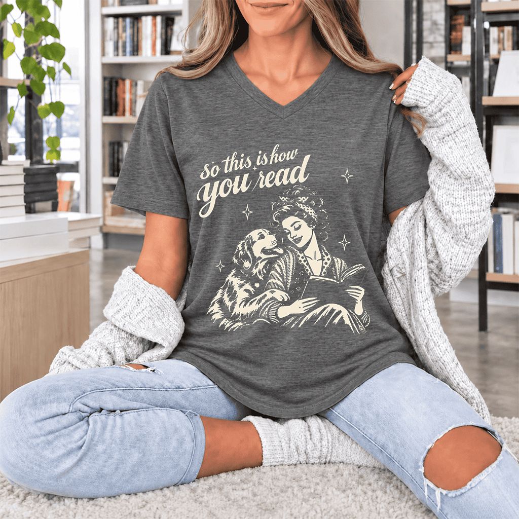 How You Read Golden Retriever Ultra-Soft V-Neck | Dog Lover Reader Gift Deep Heather