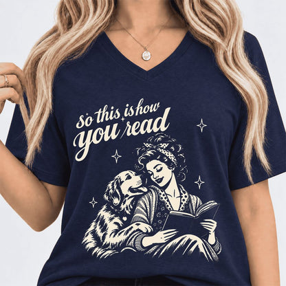 How You Read Golden Retriever Ultra-Soft V-Neck | Dog Lover Reader Gift Navy