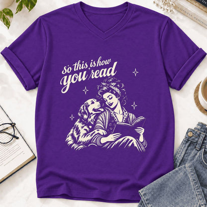 How You Read Golden Retriever Ultra-Soft V-Neck | Dog Lover Reader Gift Team Purple