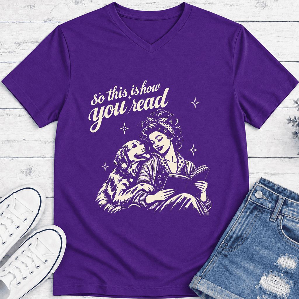 How You Read Golden Retriever Ultra-Soft V-Neck | Dog Lover Reader Gift Team Purple