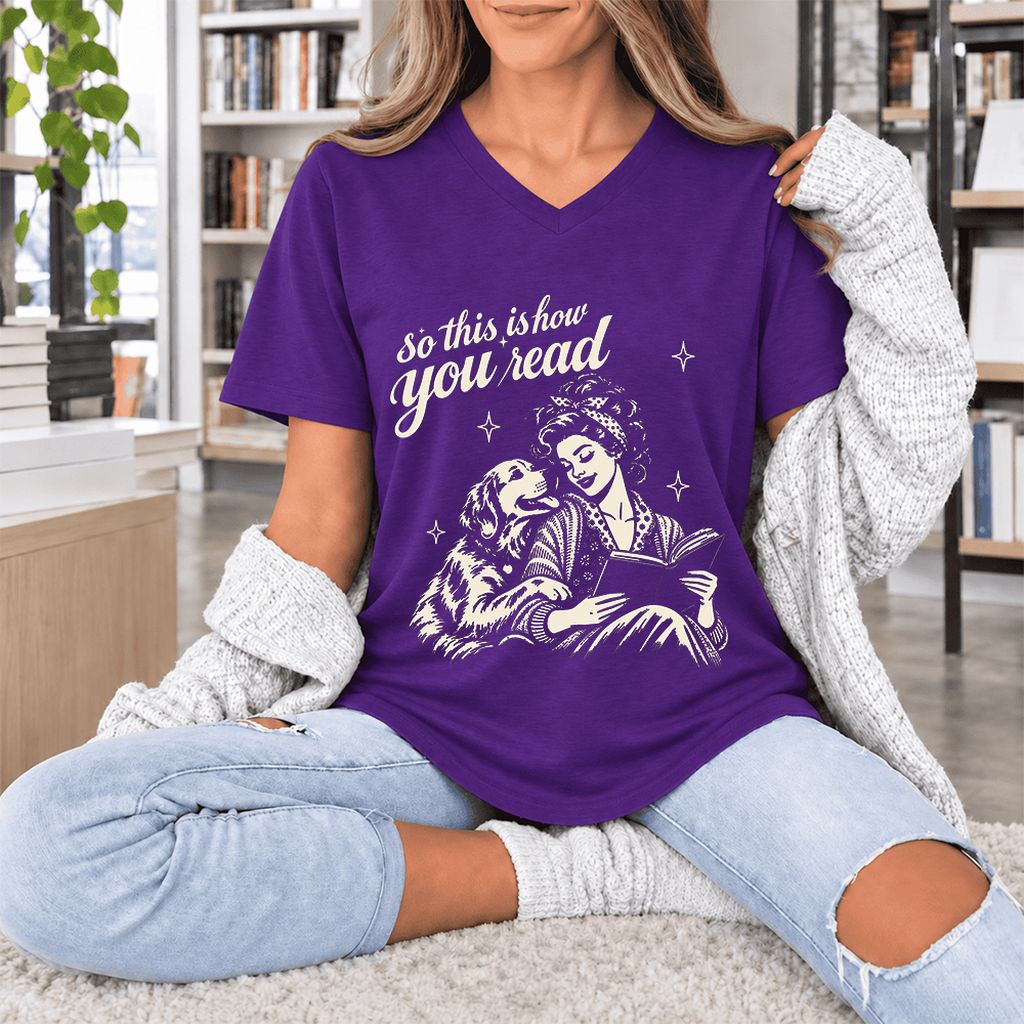 How You Read Golden Retriever Ultra-Soft V-Neck | Dog Lover Reader Gift Team Purple