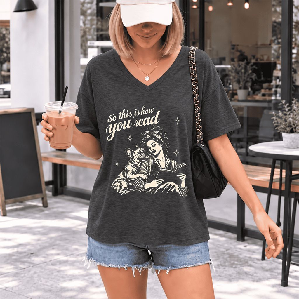 How You Read French Bulldog Ultra-Soft V-Neck | Dog Lover Reader Gift Dark Grey Heather