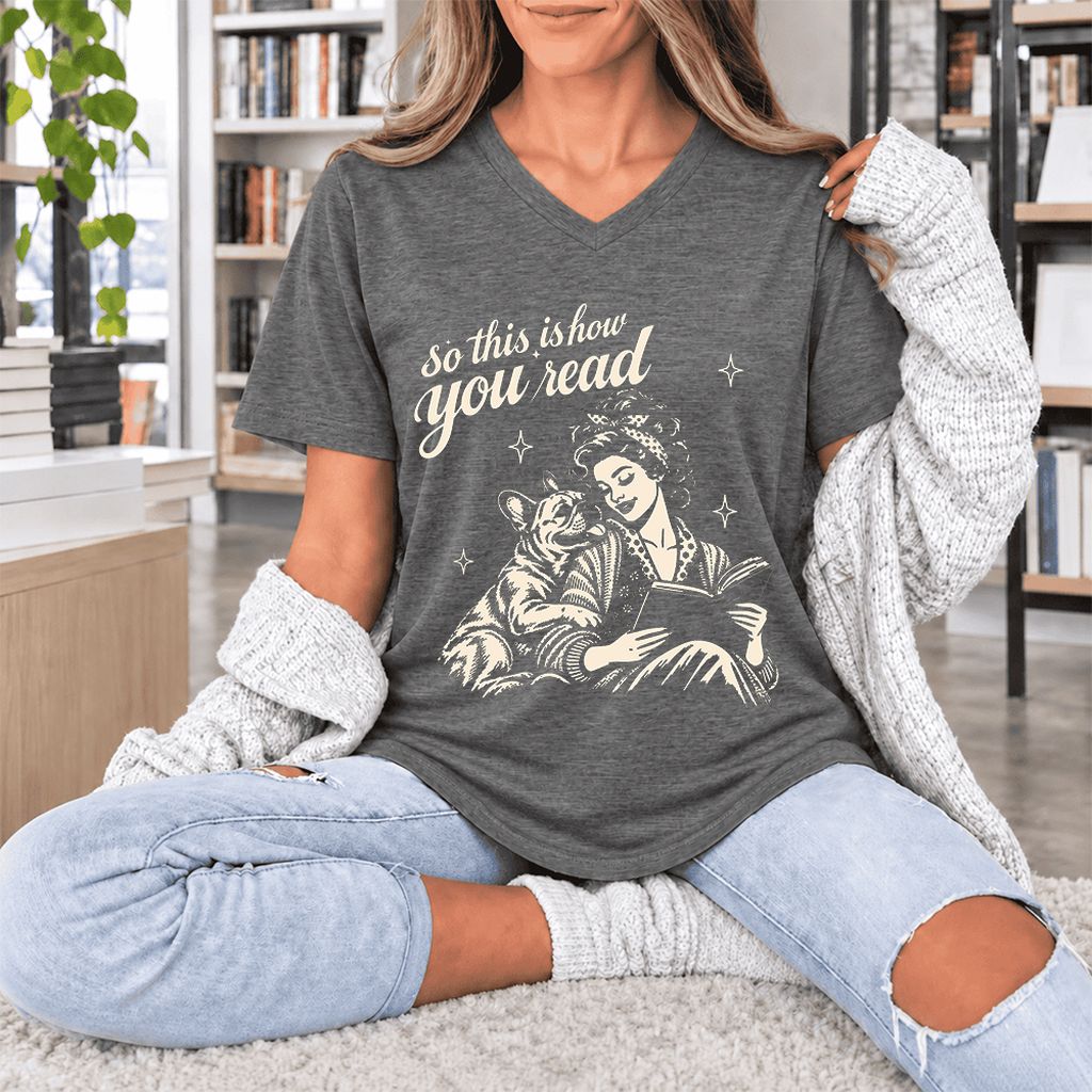 How You Read French Bulldog Ultra-Soft V-Neck | Dog Lover Reader Gift Deep Heather