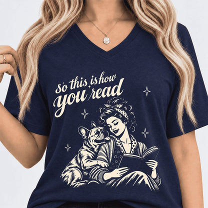 How You Read French Bulldog Ultra-Soft V-Neck | Dog Lover Reader Gift Navy
