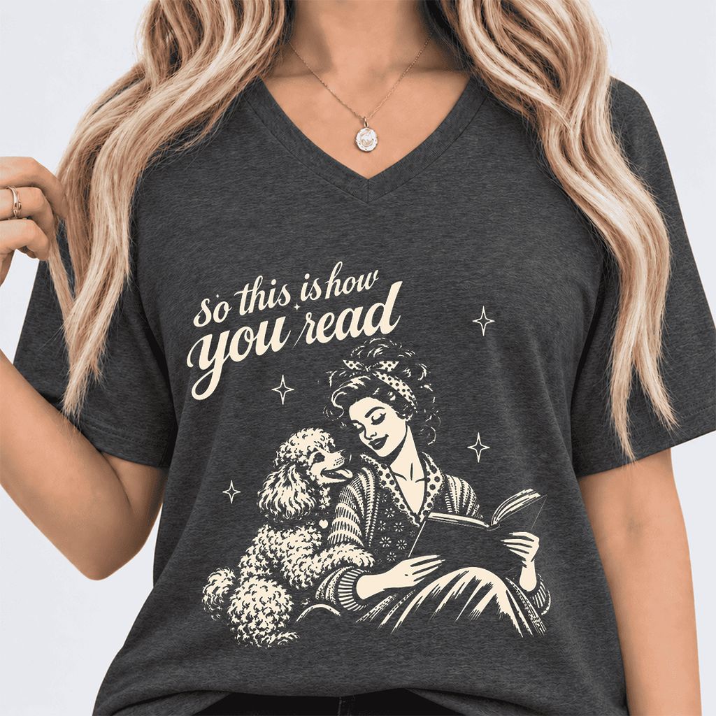How You Read Poodle Ultra-Soft V-Neck | Dog Lover Reader Gift Dark Grey Heather
