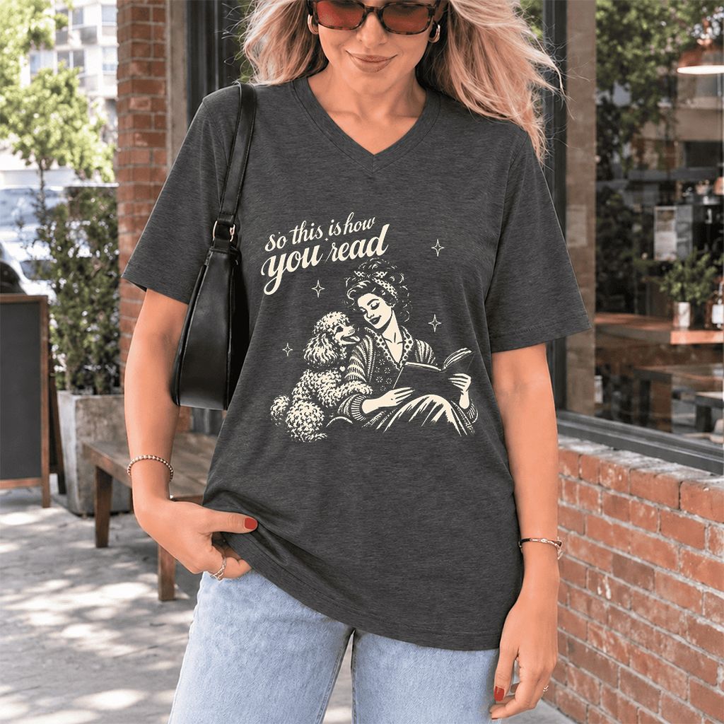 How You Read Poodle Ultra-Soft V-Neck | Dog Lover Reader Gift Dark Grey Heather
