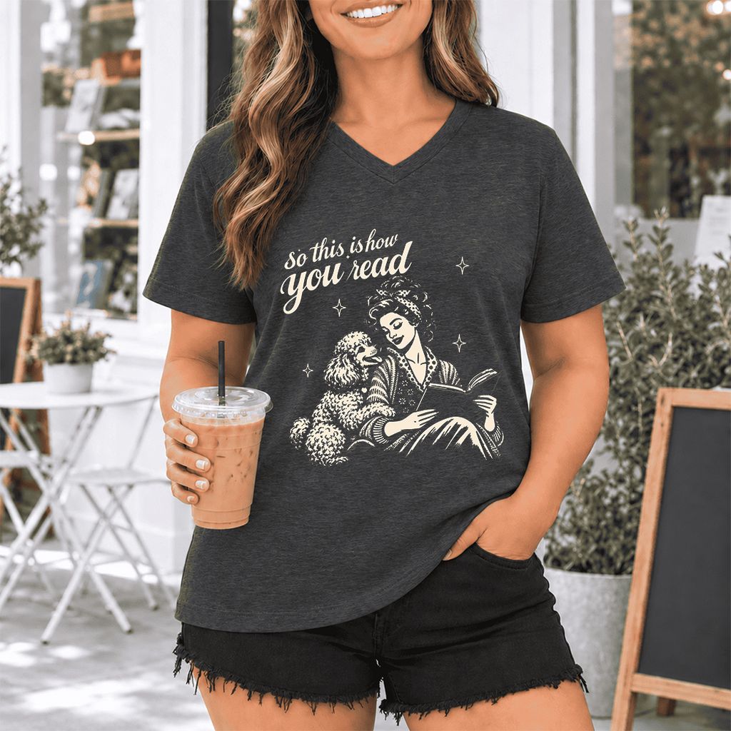 How You Read Poodle Ultra-Soft V-Neck | Dog Lover Reader Gift Dark Grey Heather