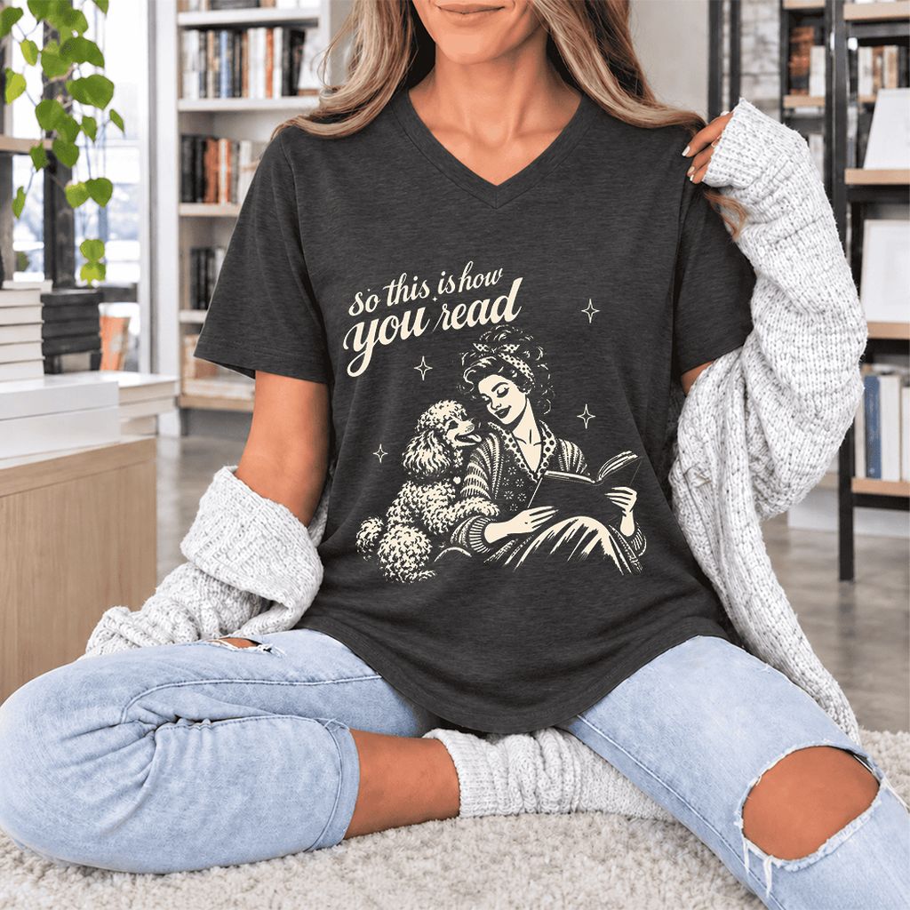 How You Read Poodle Ultra-Soft V-Neck | Dog Lover Reader Gift Dark Grey Heather
