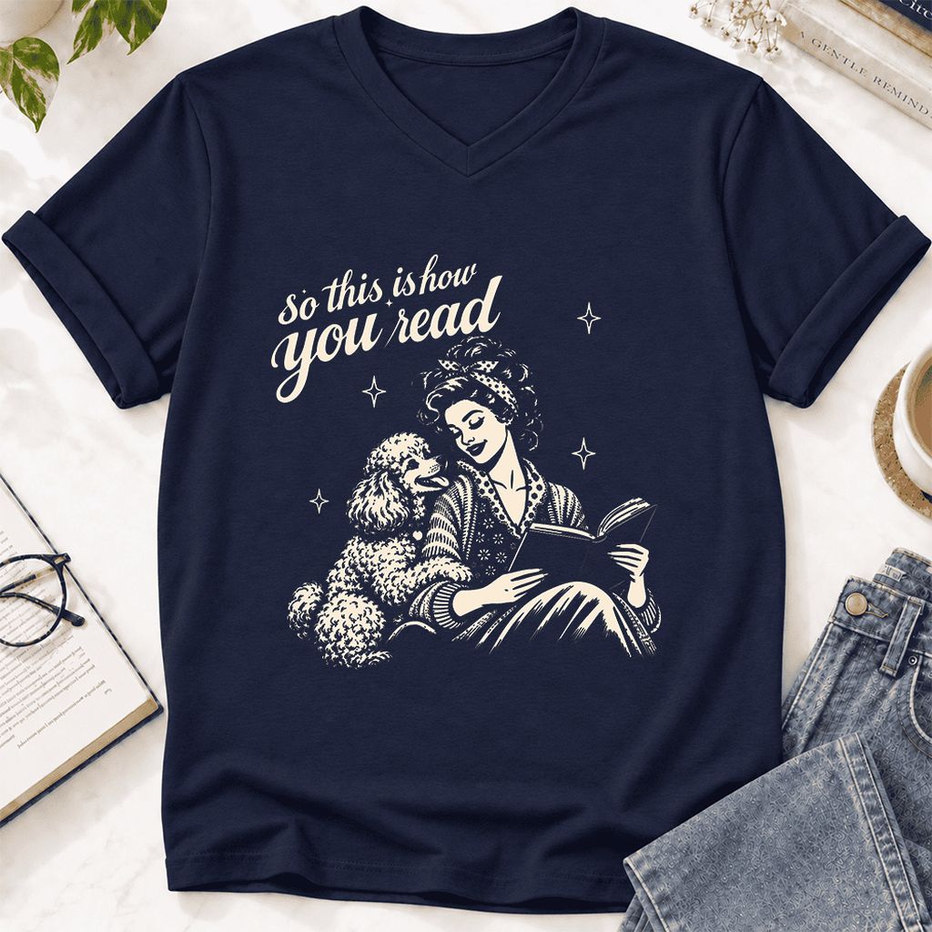 How You Read Poodle Ultra-Soft V-Neck | Dog Lover Reader Gift Navy
