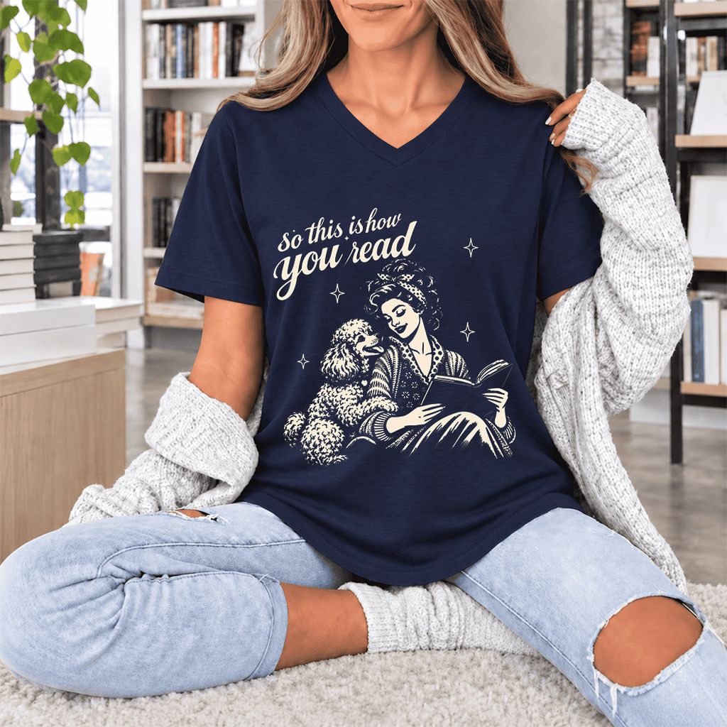 How You Read Poodle Ultra-Soft V-Neck | Dog Lover Reader Gift Navy