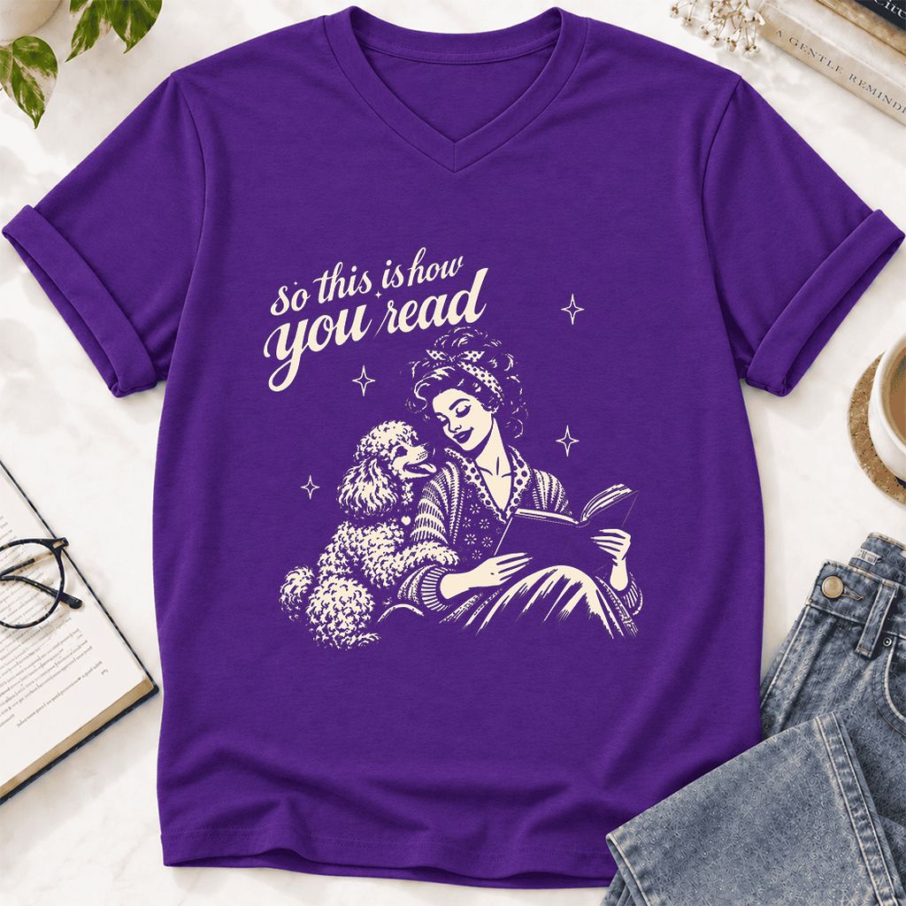 How You Read Poodle Ultra-Soft V-Neck | Dog Lover Reader Gift Team Purple