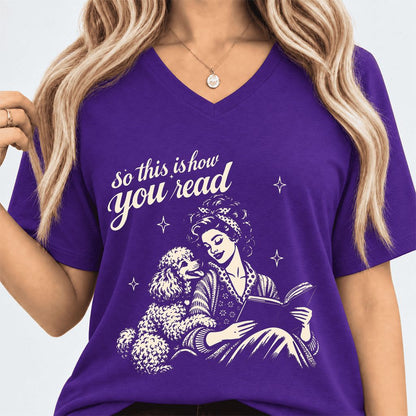 How You Read Poodle Ultra-Soft V-Neck | Dog Lover Reader Gift Team Purple