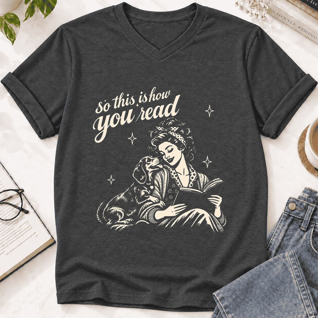 How You Read Dachshund Ultra-Soft V-Neck | Dog Lover Reader Gift Dark Grey Heather