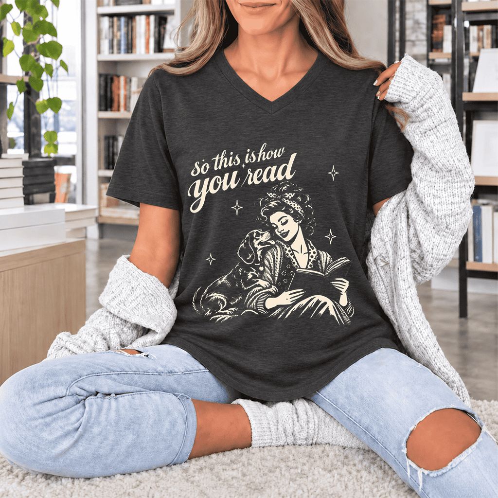 How You Read Dachshund Ultra-Soft V-Neck | Dog Lover Reader Gift Dark Grey Heather