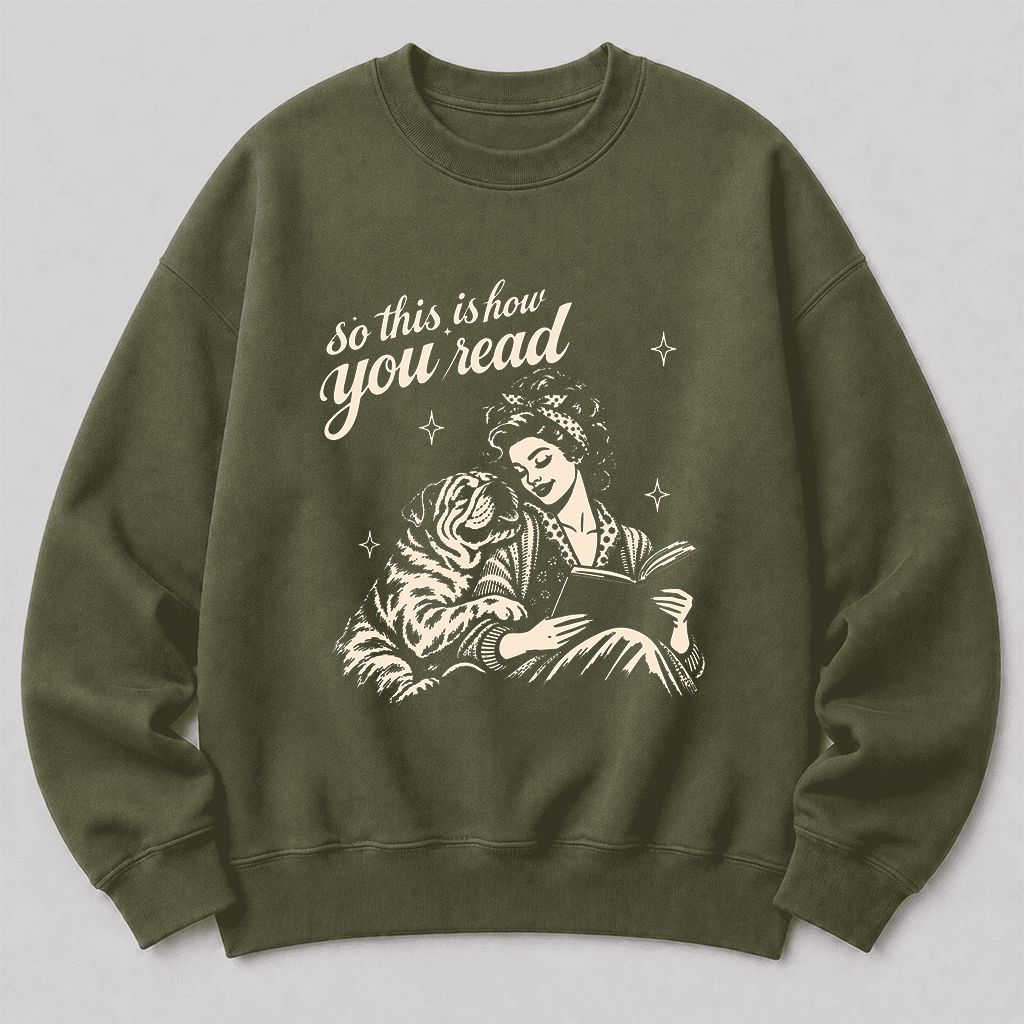 How You Read English Bulldog Printed Sweatshirt | Reader Gift Military Green