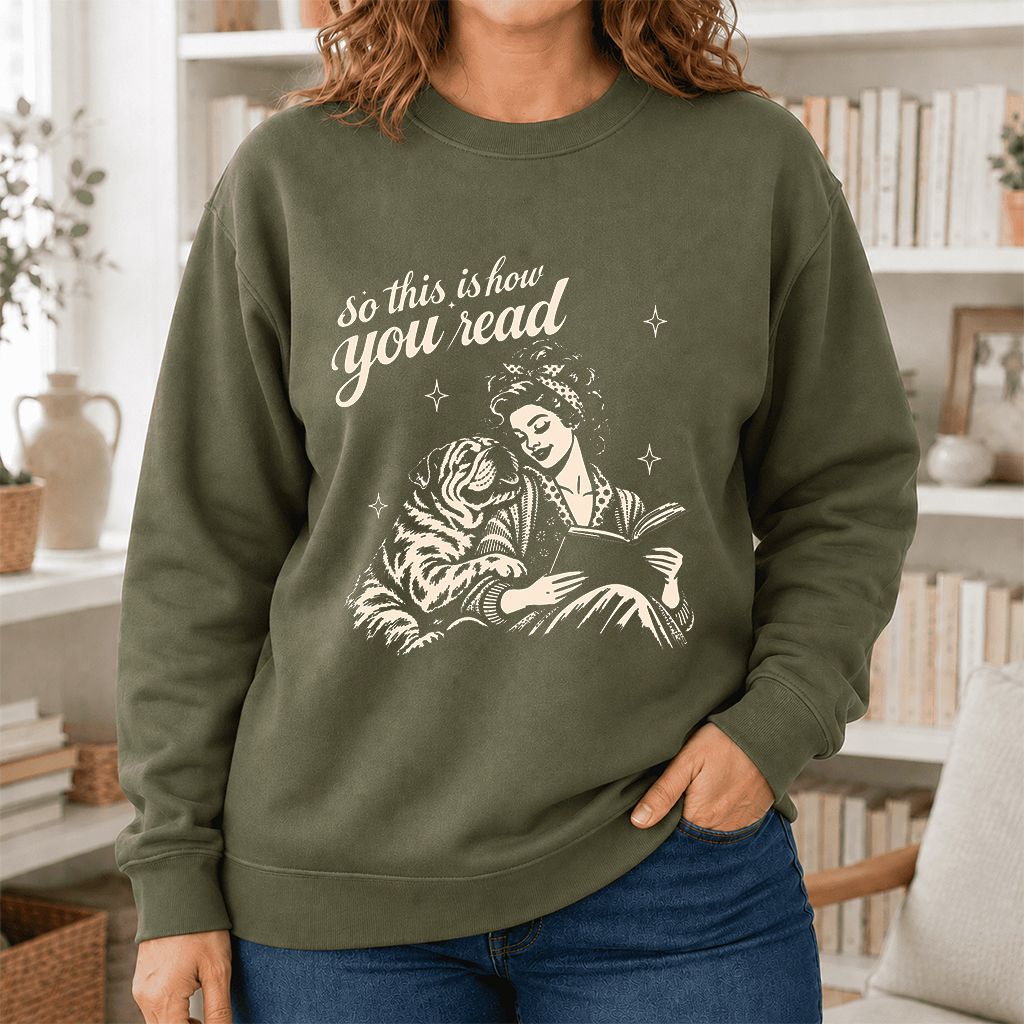How You Read English Bulldog Printed Sweatshirt | Reader Gift Military Green