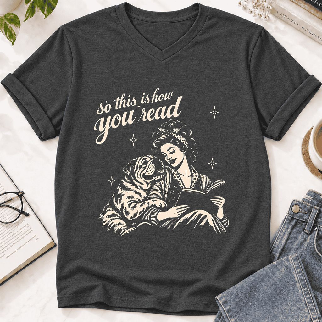 How You Read English Bulldog Ultra-Soft V-Neck | Reader Gift Dark Grey Heather
