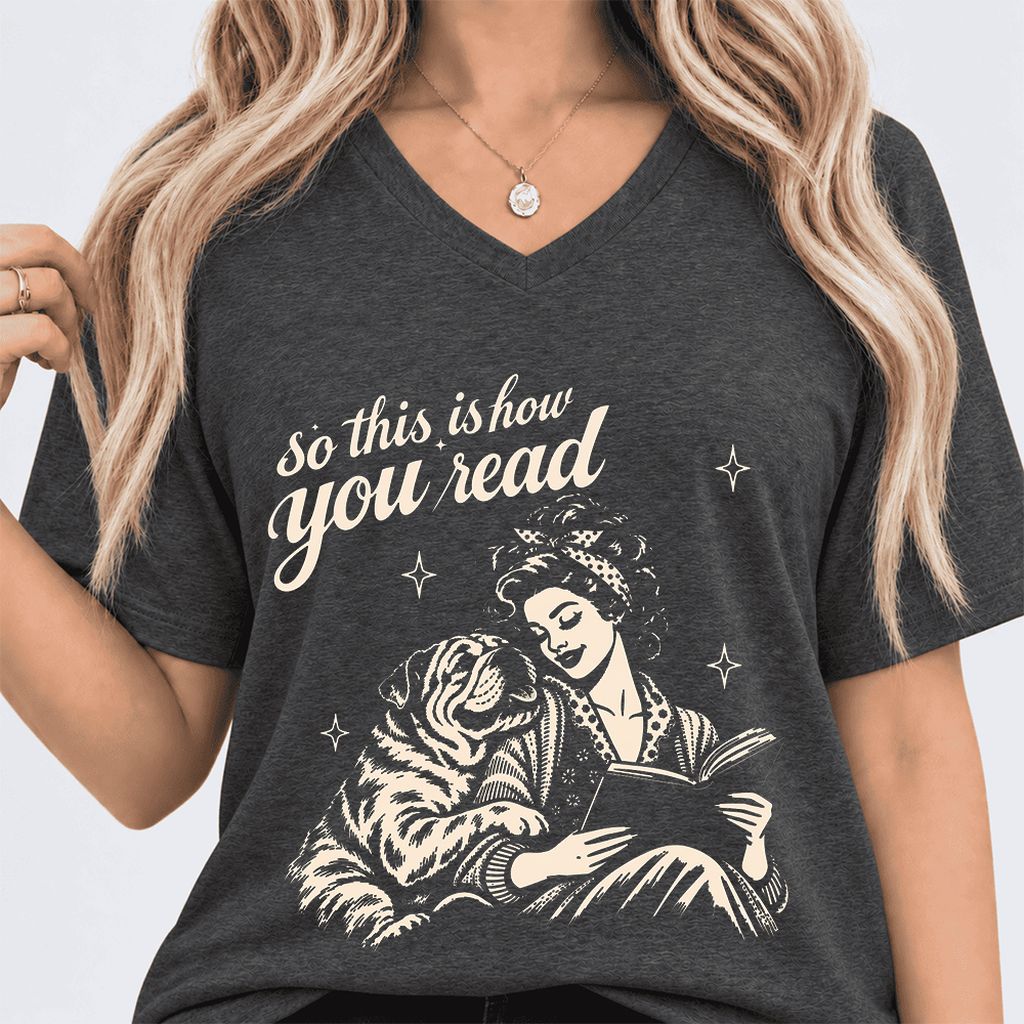 How You Read English Bulldog Ultra-Soft V-Neck | Reader Gift Dark Grey Heather