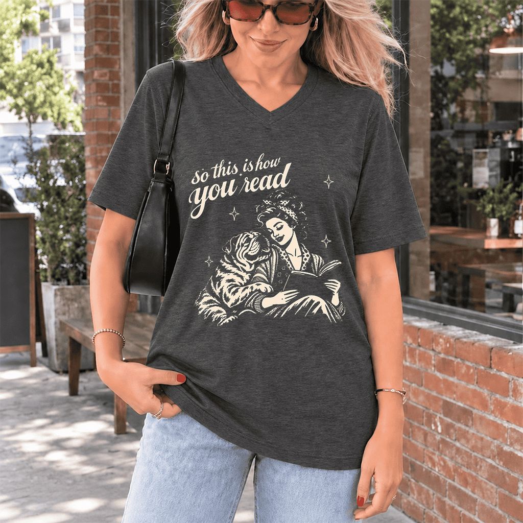 How You Read English Bulldog Ultra-Soft V-Neck | Reader Gift Dark Grey Heather