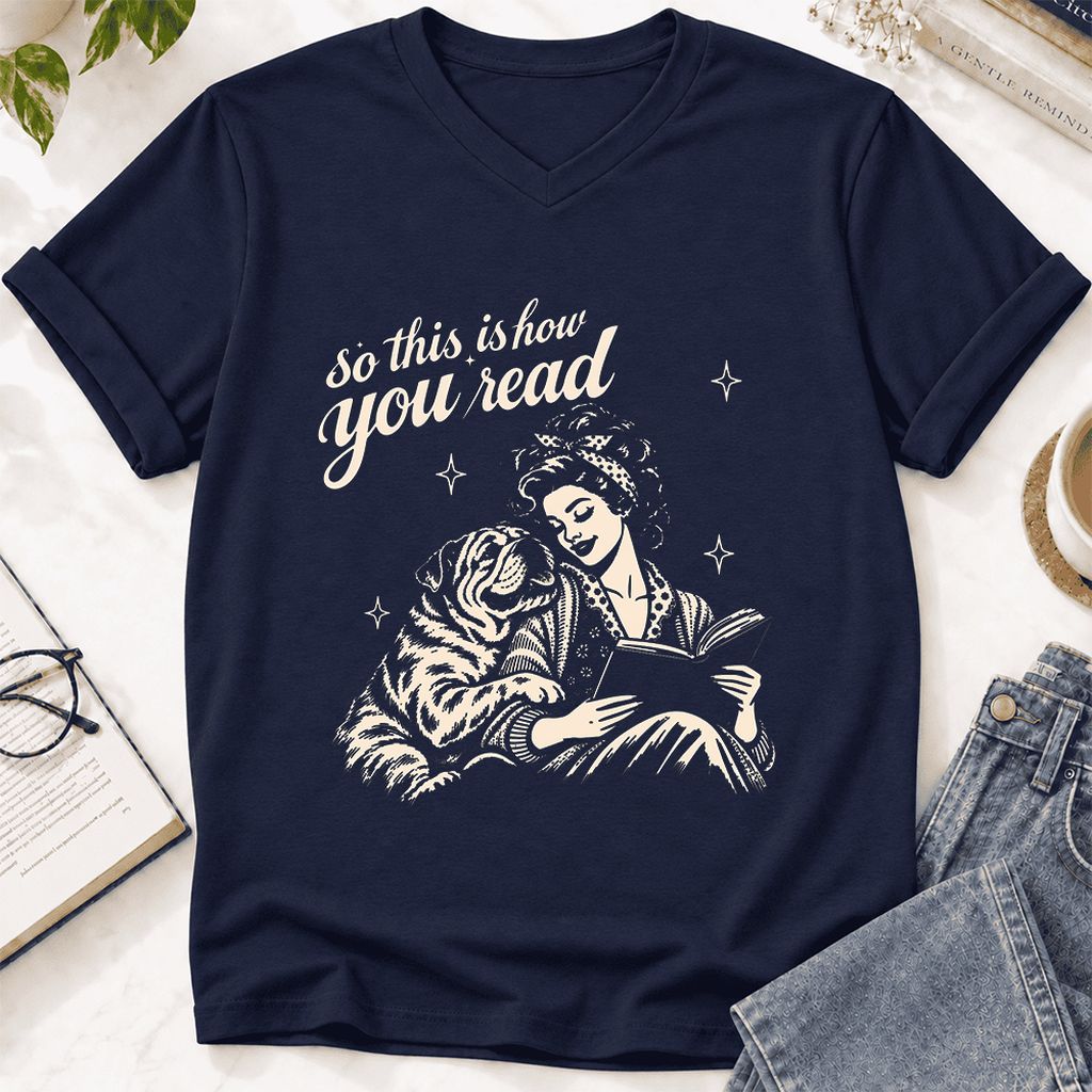 How You Read English Bulldog Ultra-Soft V-Neck | Reader Gift Navy