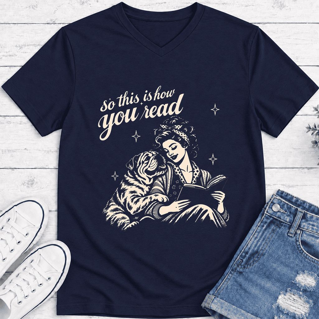 How You Read English Bulldog Ultra-Soft V-Neck | Reader Gift Navy