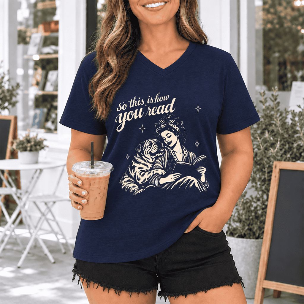 How You Read English Bulldog Ultra-Soft V-Neck | Reader Gift Navy