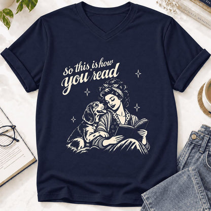 How You Read Beagle Ultra-Soft V-Neck | Reader Gift Navy