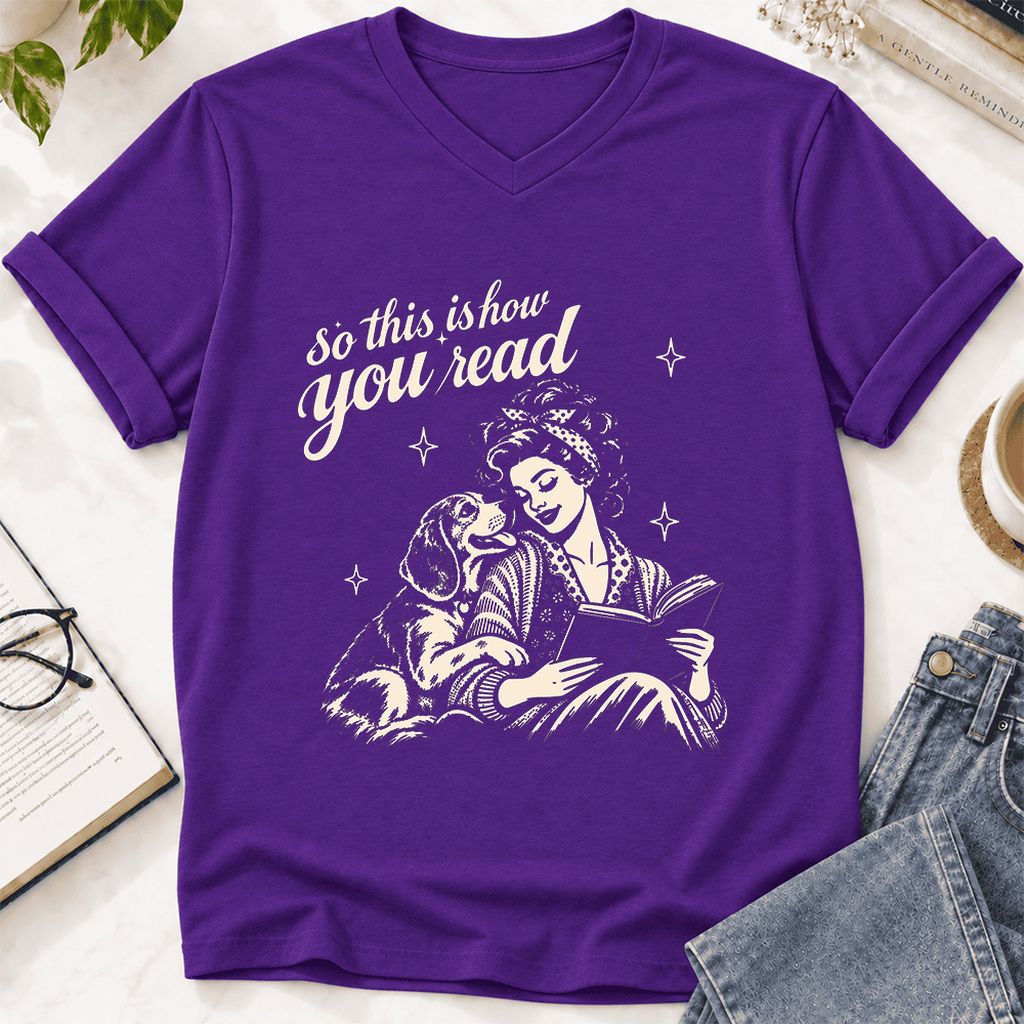 How You Read Beagle Ultra-Soft V-Neck | Reader Gift Team Purple