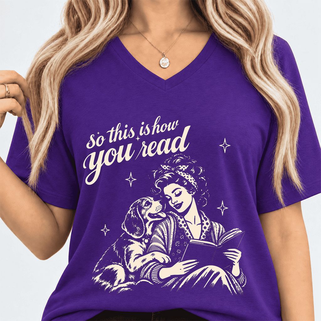 How You Read Beagle Ultra-Soft V-Neck | Reader Gift Team Purple