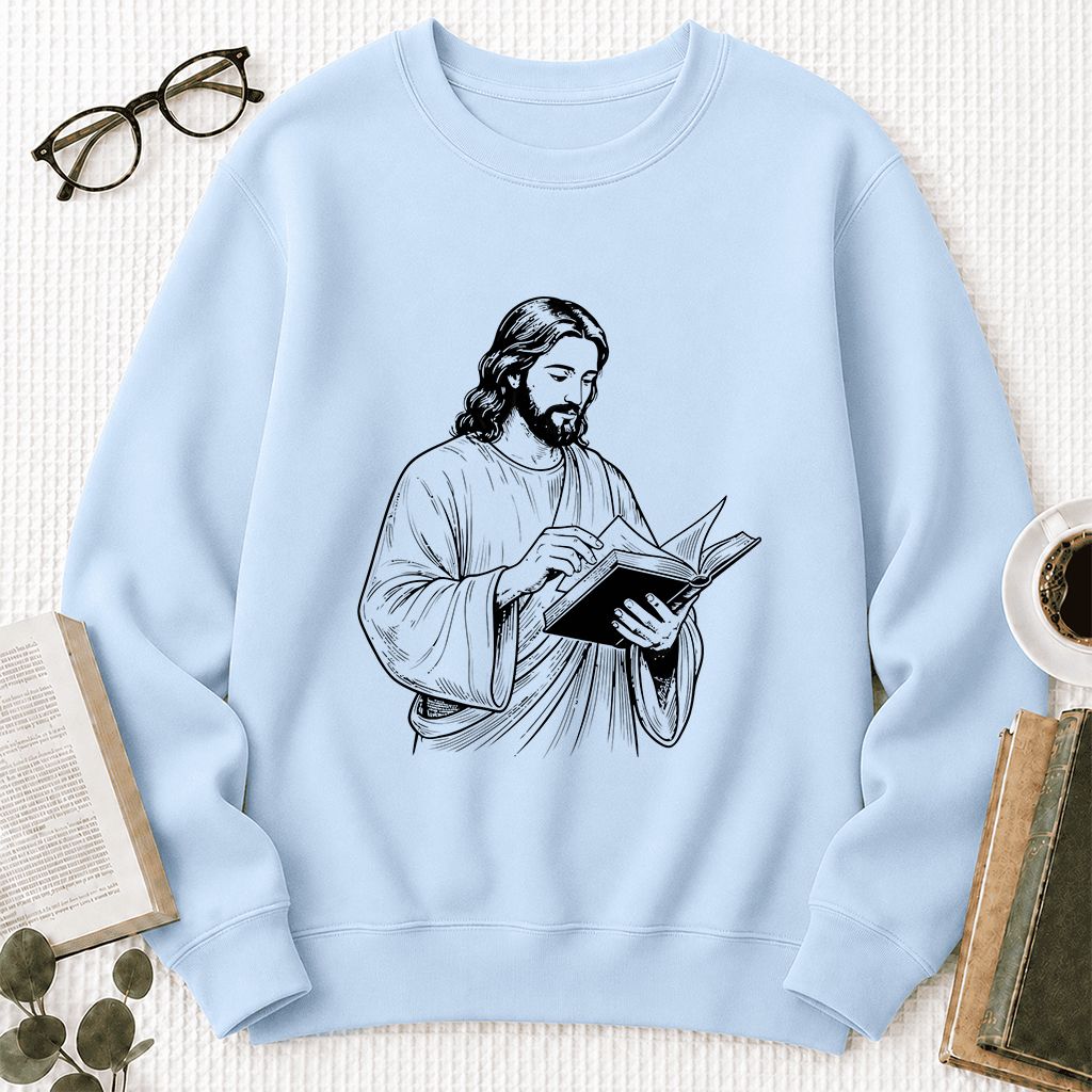 Jesus Holding An Open Book Printed Sweatshirt | Spiritual Reader Gift Light Blue