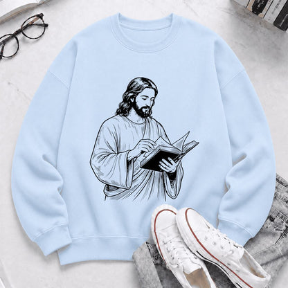 Jesus Holding An Open Book Printed Sweatshirt | Spiritual Reader Gift Light Blue