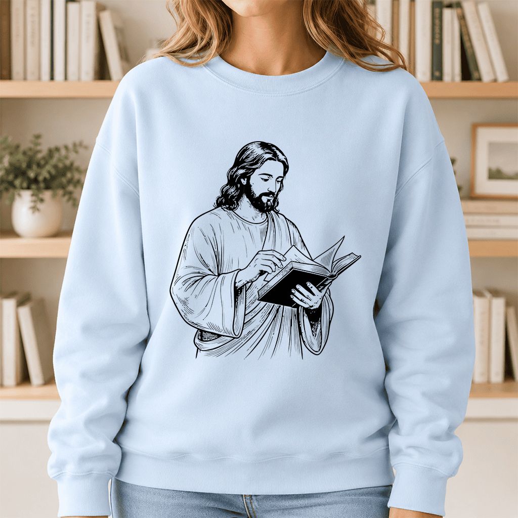 Jesus Holding An Open Book Printed Sweatshirt | Spiritual Reader Gift Light Blue