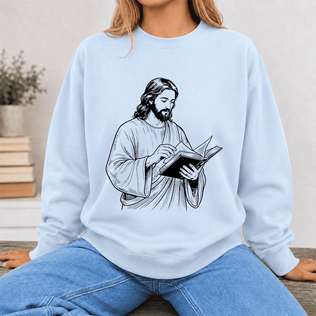 Jesus Holding An Open Book Printed Sweatshirt | Spiritual Reader Gift Light Blue