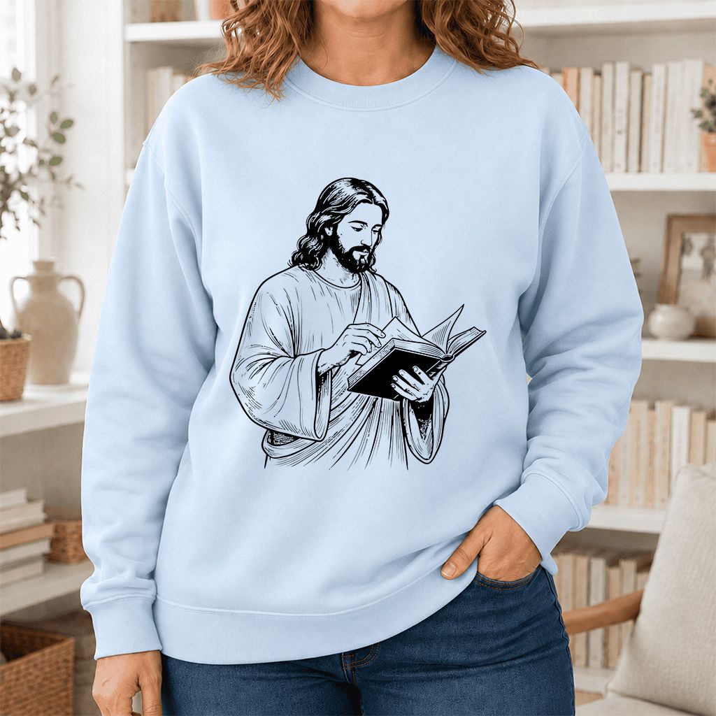 Jesus Holding An Open Book Printed Sweatshirt | Spiritual Reader Gift Light Blue