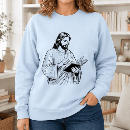 Jesus Holding An Open Book Printed Sweatshirt | Spiritual Reader Gift Light Blue