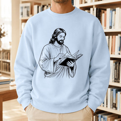 Jesus Holding An Open Book Printed Sweatshirt | Spiritual Reader Gift Light Blue