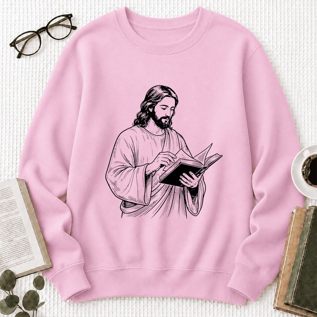 Jesus Holding An Open Book Printed Sweatshirt | Spiritual Reader Gift Light Pink