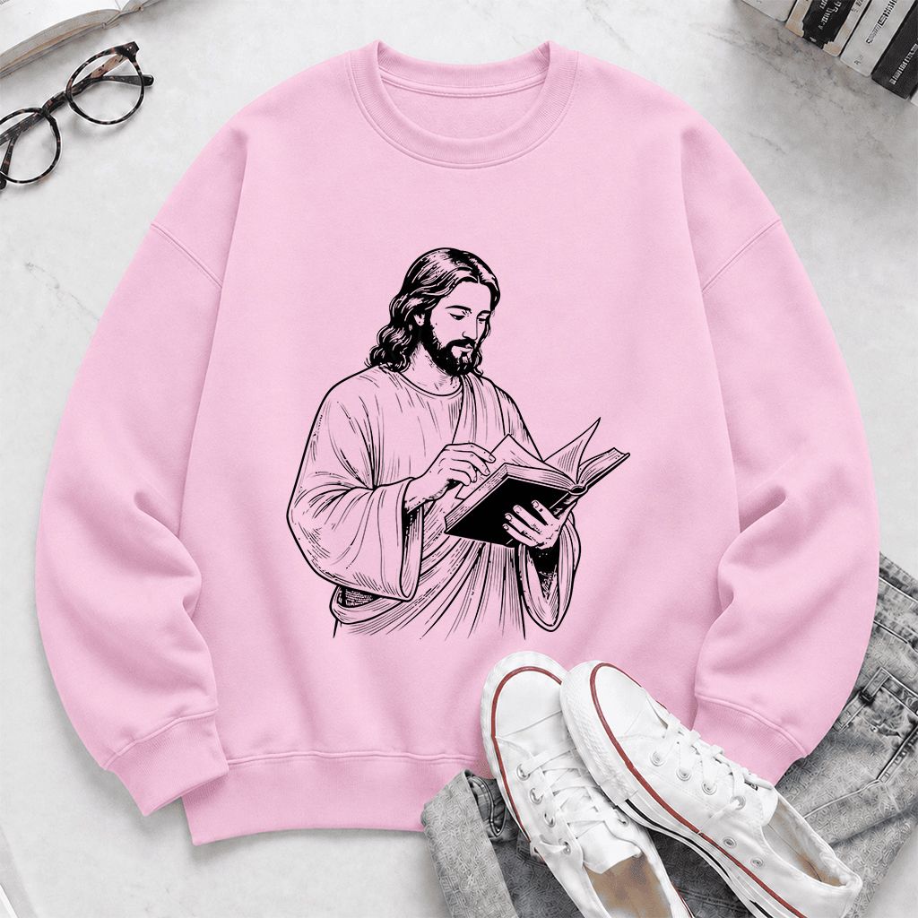 Jesus Holding An Open Book Printed Sweatshirt | Spiritual Reader Gift Light Pink