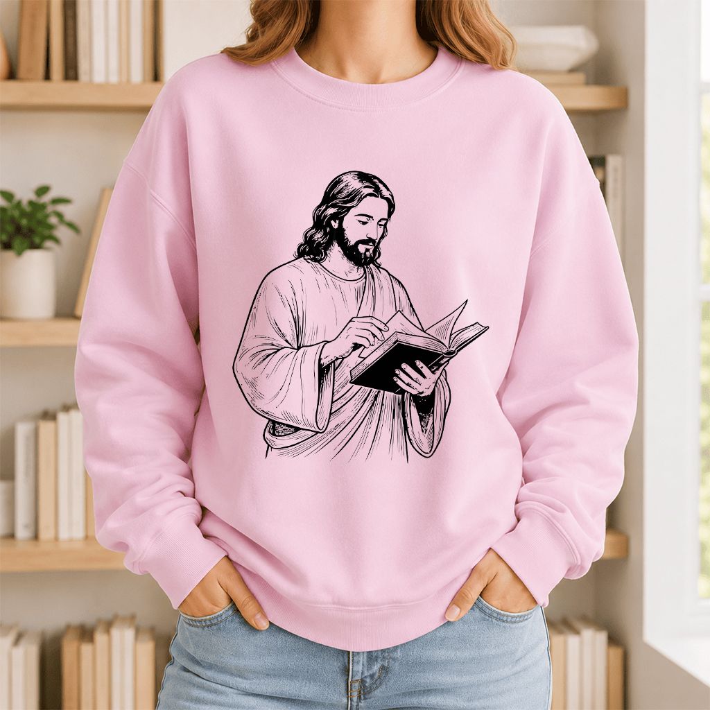 Jesus Holding An Open Book Printed Sweatshirt | Spiritual Reader Gift Light Pink
