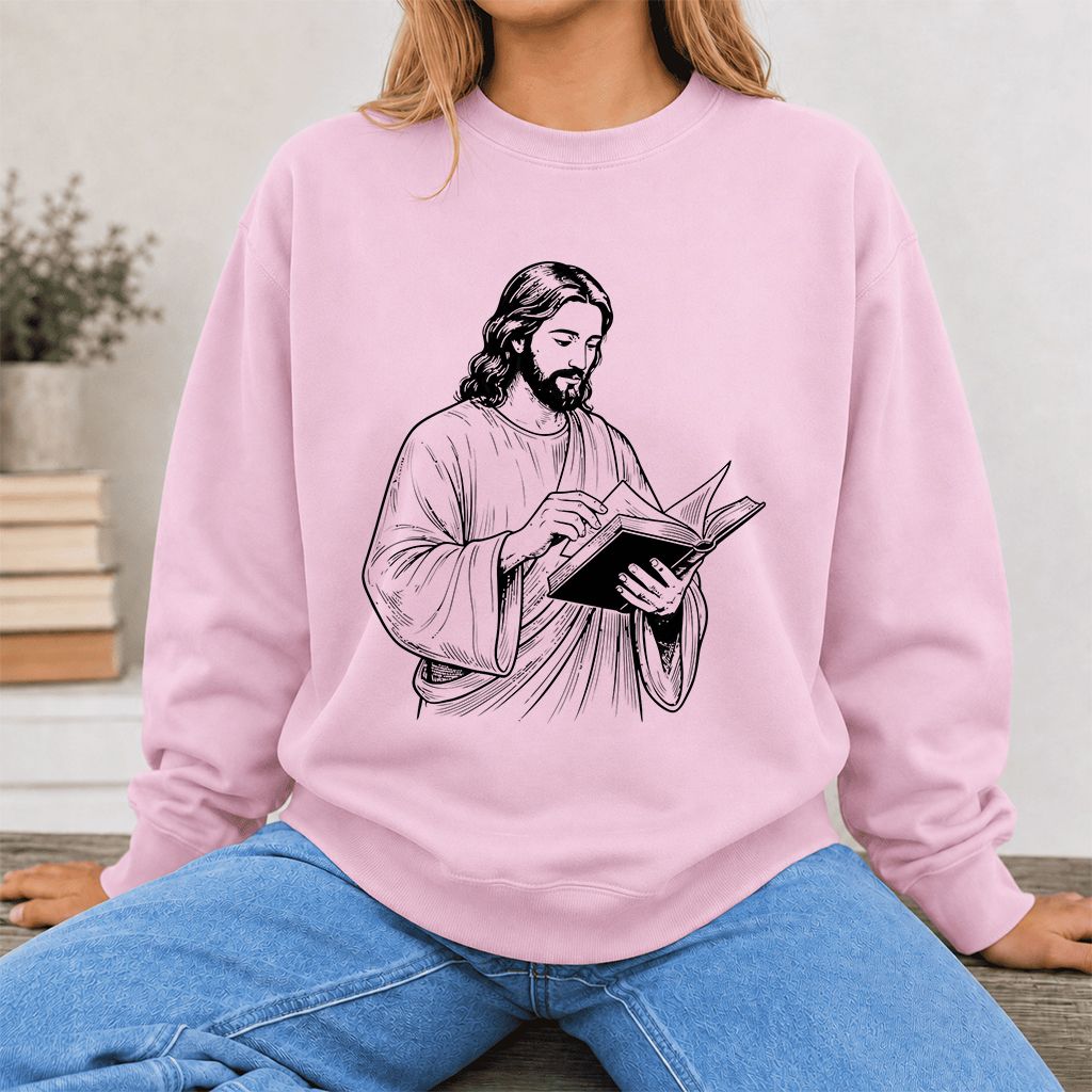 Jesus Holding An Open Book Printed Sweatshirt | Spiritual Reader Gift Light Pink
