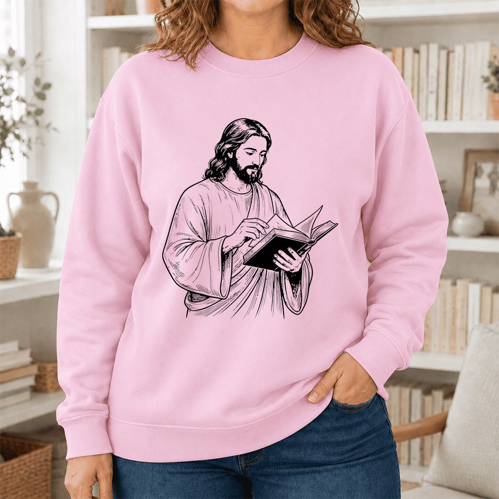 Jesus Holding An Open Book Printed Sweatshirt | Spiritual Reader Gift Light Pink