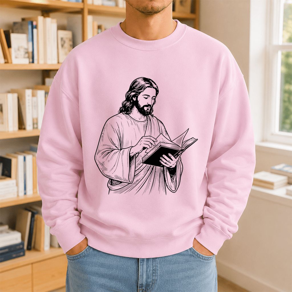 Jesus Holding An Open Book Printed Sweatshirt | Spiritual Reader Gift Light Pink